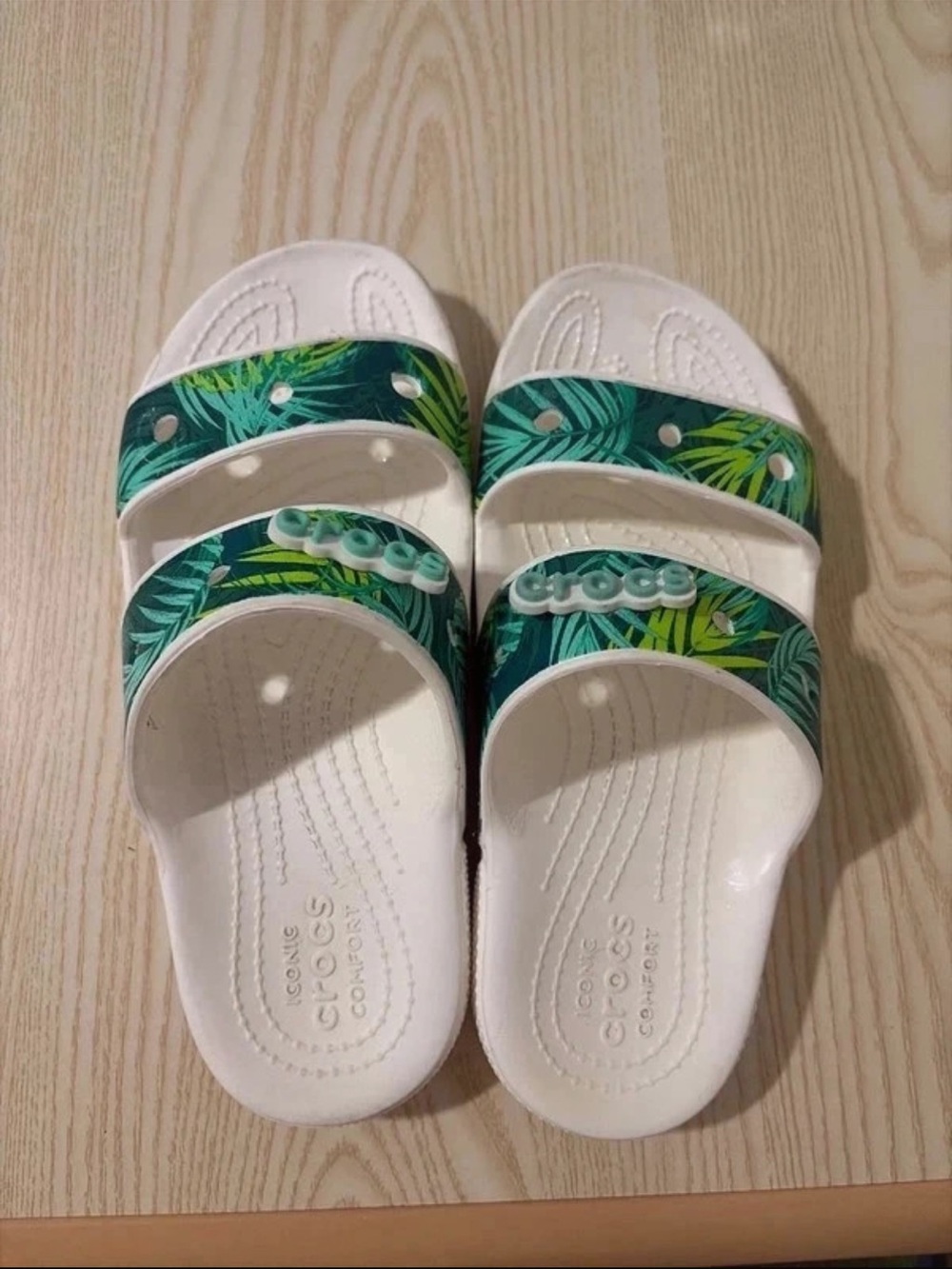 Crocs womens White Slide Sandals with Green Tropical Straps